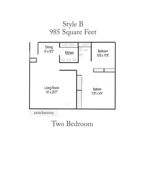 Floor plan for 2 beds, 1 bath, 985 sqft